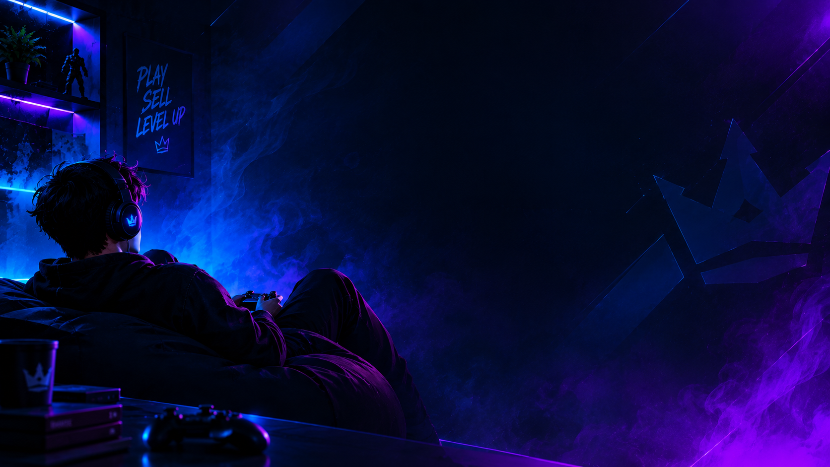 Gamer relaxing in a blue and violet gaming room
